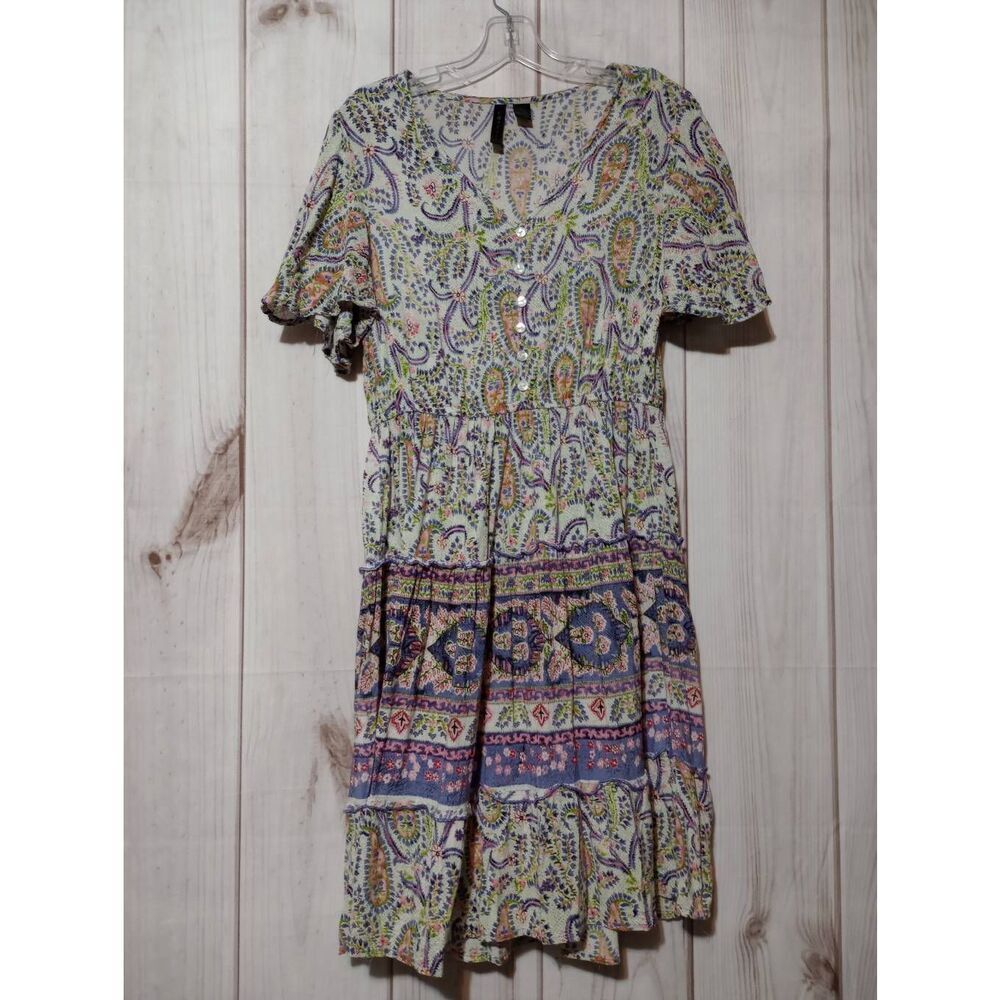 Cassee's Womens Paisley Tiered Midi Dress Purple Green Boho‎ Rayon Large